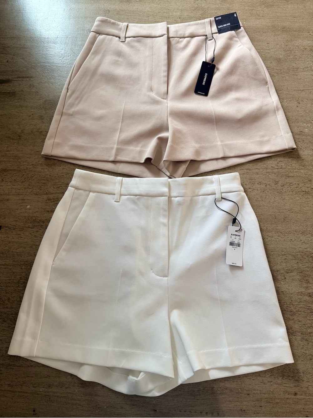 Express Tailored High-Rise Shorts in Beige and White